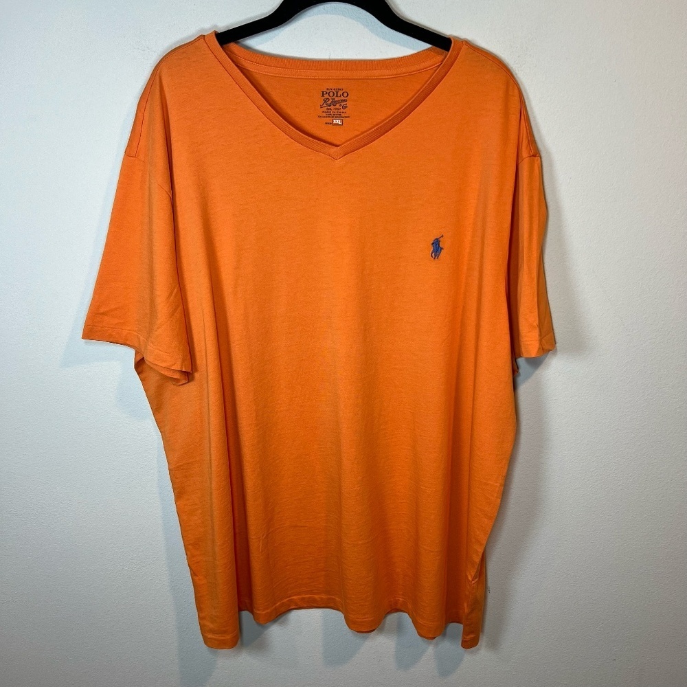 Polo Ralph Lauren V-Neck T-Shirt Orange Cotton Blue Embroidered Pony Mens Sz XXL